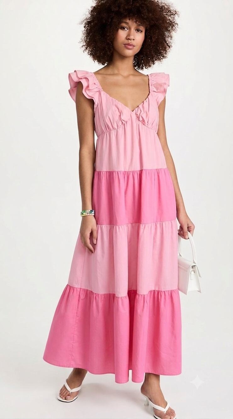 English Factory Pink Sleeveless Ruffle Tiered Maxi Dress Women's Size S
